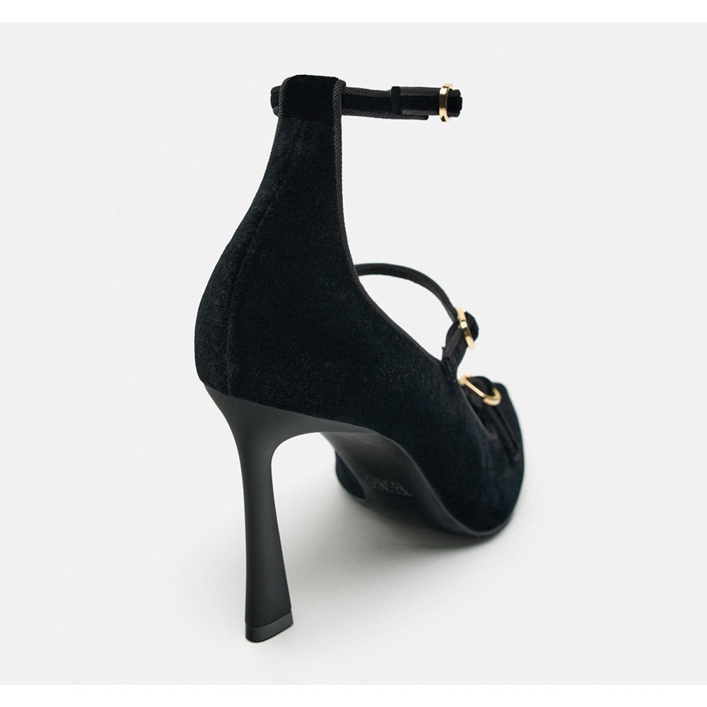 ZARA Velvet Mary Jane Heels NWT Black Pointed Toe Multi Strap Pumps Size 9 - Picture 16 of 16